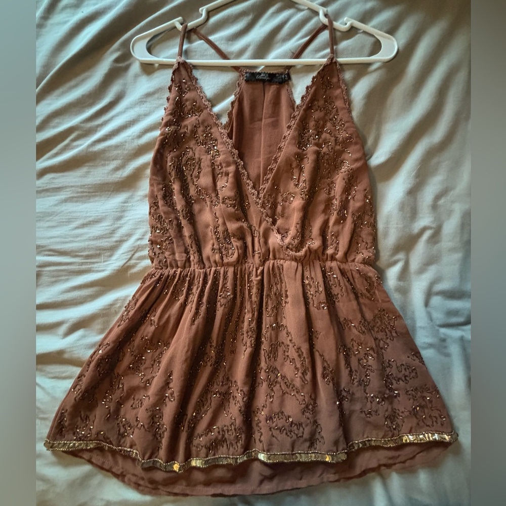 BKE Beaded Tank Top in Copper/Brown with Gold Accents